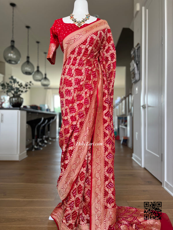 Crimson Red Bandhani Gota patti Pure Chinon Saree - ALBIS Online